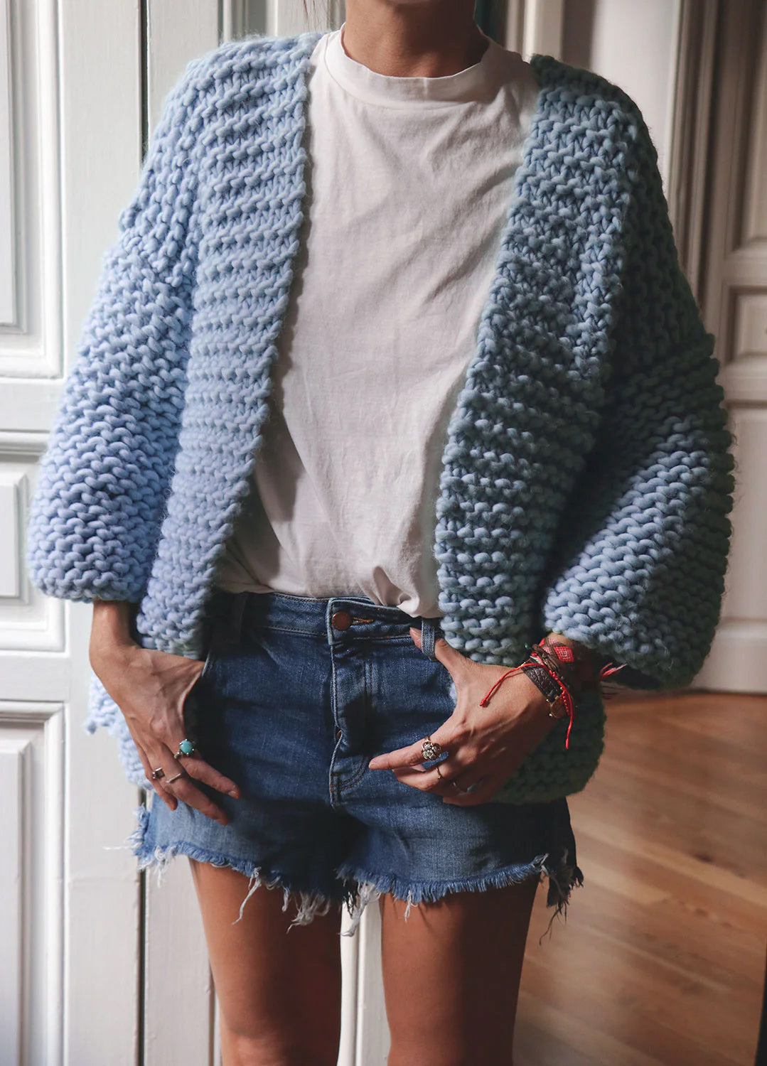 Brera Cardigan Beginner Knitting Kit in Dusty Blue